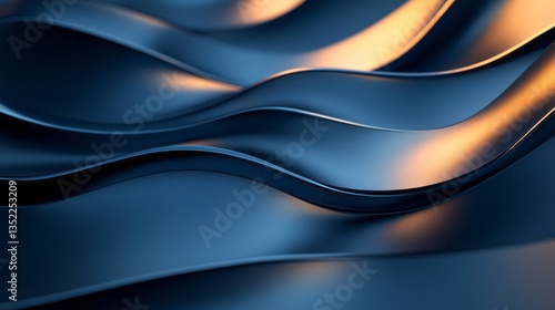 Abstract blue metallic waves catch golden light creating depth