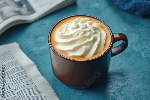 Warm Cup of Beverage Rests on Blue Table, Surrounded by Newspaper and Decorat...