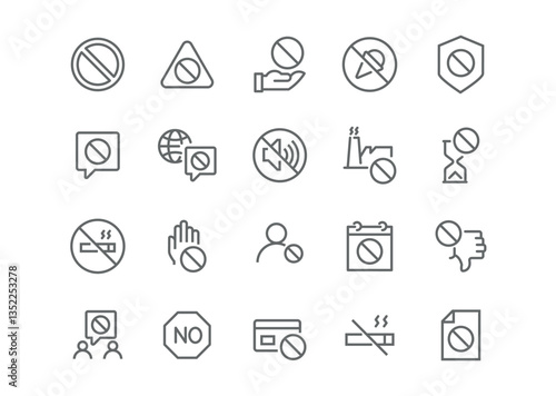 Restricted Realm Editable Vector Icon Set on Prohibition. This collection includes icons depicting various restrictions, from "stop signs" to no smoking symbols, ideal for informative designs 