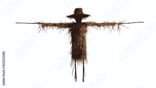 A full shot of a scarecrow figurine crafted from straw. The figure is anthropomorphic with outstretched arms, a hat, and a body constructed of bundled straw. The arms are extended horizontally, and