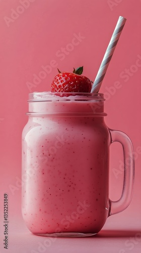 Refreshing Pink Smoothie in a Glass Jar With Striped Straw Against a Pastel B...
