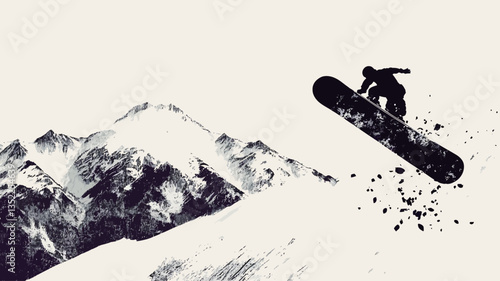 The image is a monochrome illustration depicting a snowboarder in silhouette airborne above a snowy mountain slope.  The snowboarder is centrally positioned and in sharp focus against a background