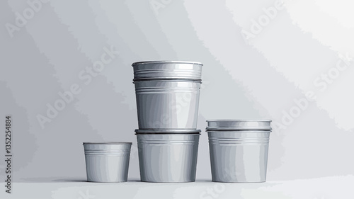 The image shows a studio shot of several silver cylindrical containers and jars of varying sizes stacked and arranged on a light gray background.  The containers appear to be made of metal or