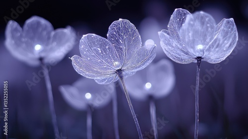 Glowing translucent flowers in a dark field at night.