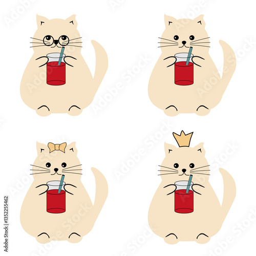 Cute fat funny nice cat with a glass of juice on white isolated vector illustration