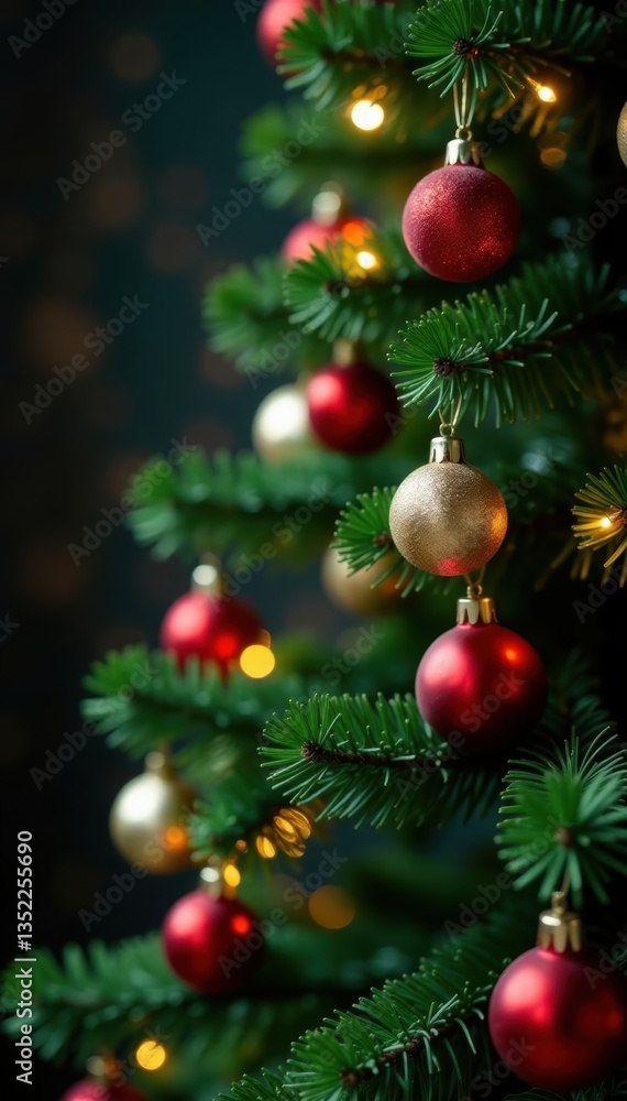 Classic green tree, colorful baubles, bright blurry lights, xmas, element, winter Classic green tree, colorful baubles, bright blurry lights, xmas, element, winter