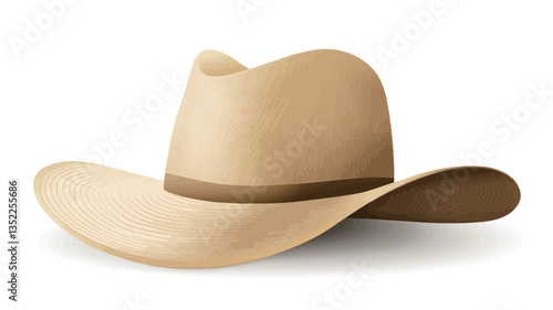 A digital illustration of a tan cowboy hat. The hat is light beige or tan in color with a darker brown band around the crown. The brim is wide and slightly downturned. The hat is shown from an