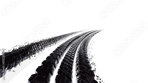 The image shows three tire tracks imprinted in the snow. The tracks are dark black against a bright white background.  The perspective is from a low angle, with the tracks receding into the