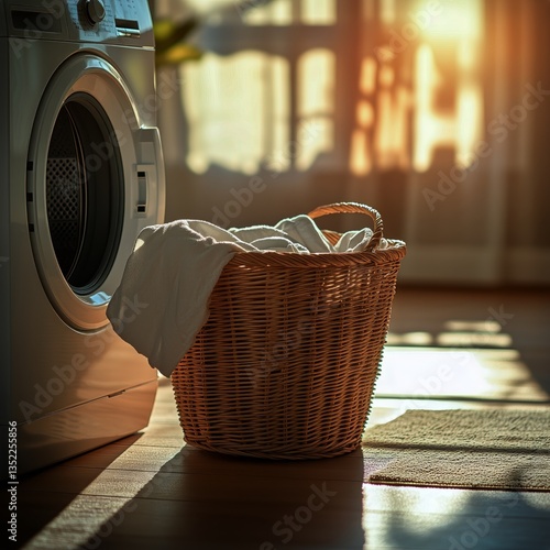 Sunlight Streams Through Window Onto Laundry Basket Beside Washing Machine in...
