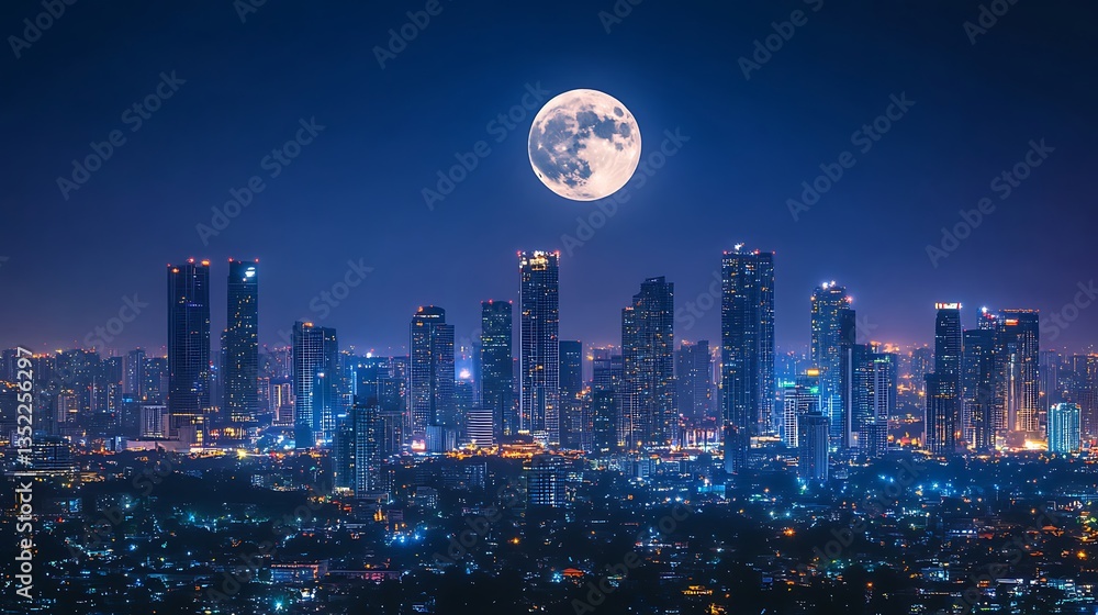Fototapeta premium Moonlight illuminates city skyline reflecting beautifully on the water image