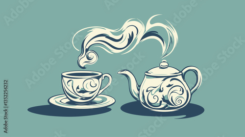 A digital illustration depicting a teapot and teacup on a teal background.  Both the teapot and teacup feature a stylized floral pattern in shades of blue and white.  The teapot is positioned to