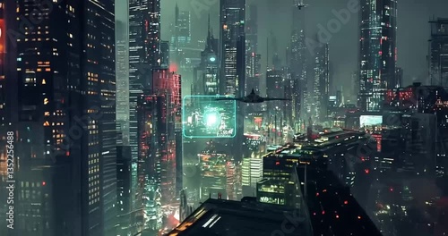 Futuristic cityscape at night with flying vehicles. Aerial view of a vibrant metropolis. Possible use Stock photo for science fiction, fantasy, or urban design