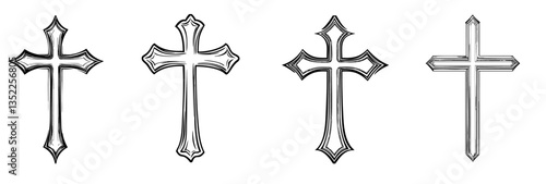 Four stylized crosses in grayscale, graphic illustration, religious symbols