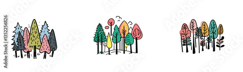 Colorful stylized tree illustrations on white background, hand-drawn style, nature concept