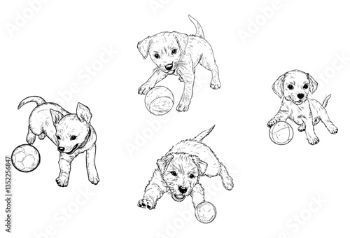 Lustige, skizzierte Welpen mit Ball. Niedliche Hundzeichnungen, spielende Hunde, Tierillustrationen, kreative Kunst für Kinder, Bücher, Grußkarten, Dekorationen, Flyer, Wallpaper.