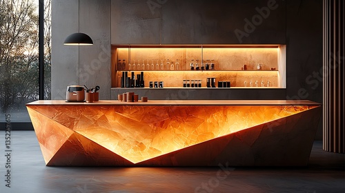 Modern illuminated geometric bar counter in a minimalist interior.
