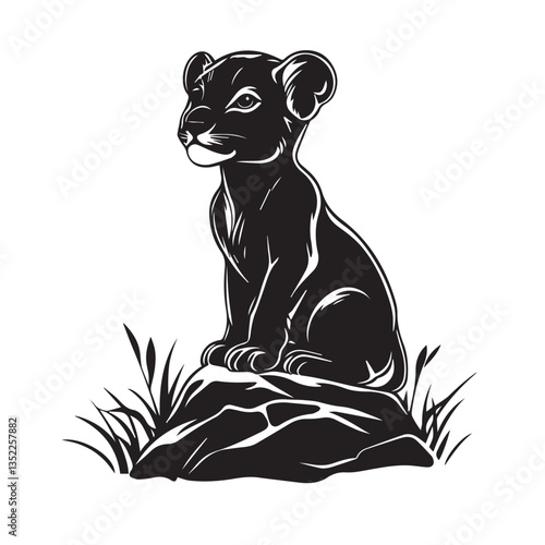 black silhouette of a little lion cub standing on a stone with grass, white background, graphics, front view, black and white, vector
