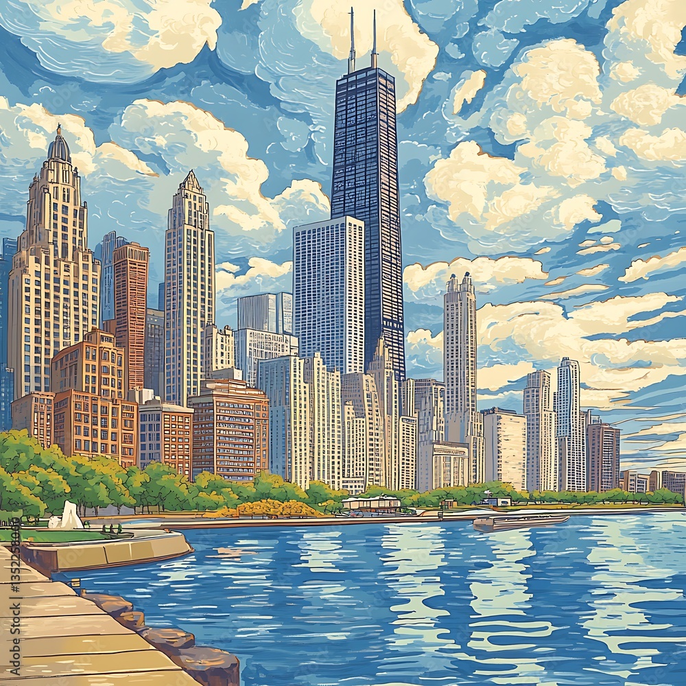 Fototapeta premium Stunning artistic cityscape reflecting on water with clouds above image