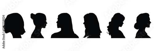 Set of set woman head symbol collection. diverse women showcasing various hairstyles, individuality on a neutral background.