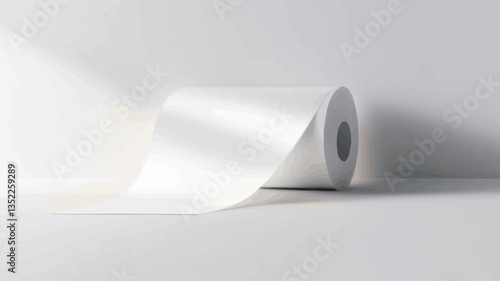 Close-up studio shot of a roll of white paper partially unrolled on a white surface.  The paper appears smooth and has a subtle sheen. A soft light source creates a gentle shadow and highlights the