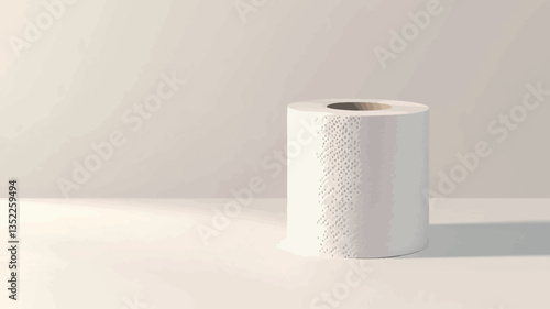 A studio shot of a single roll of white paper towels standing upright on a white surface. The background is a plain white wall.  The image is brightly lit, showing a soft shadow cast by the roll.