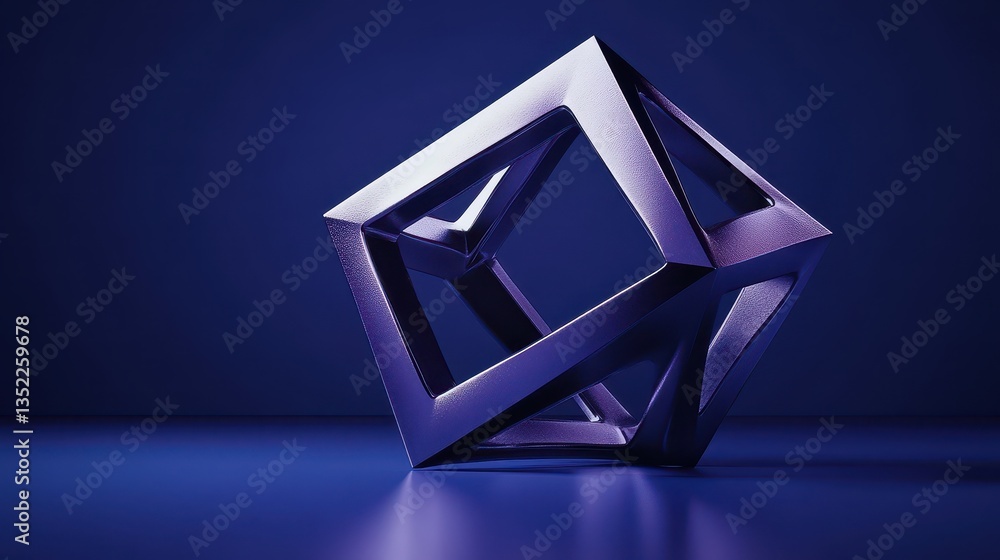 A metallic geometric form sits against a dark blue backdrop A metallic geometric form sits against a dark blue backdrop
