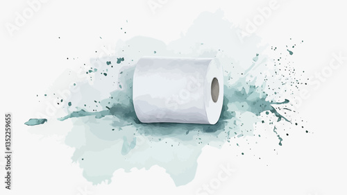 Close-up shot of a single roll of white toilet paper resting on a white surface.  A stylized teal or light blue splash effect radiates outwards from the roll, creating an abstract design. The
