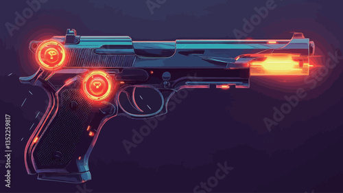 A digitally rendered image depicts a double-barreled pistol with a prominent muzzle flash emanating from the barrels. The pistol is rendered in a metallic style with a predominantly dark blue/teal