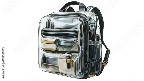 A studio shot of a transparent backpack featuring multiple compartments and pockets of varying sizes. The backpack is predominantly clear, allowing the contents within to be partially visible.  The