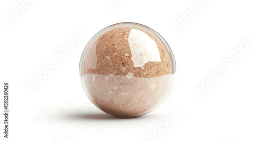 A digitally rendered image depicts a transparent spherical object filled with a light beige granular material. The sphere is shown against a pure white background. The granular material appears