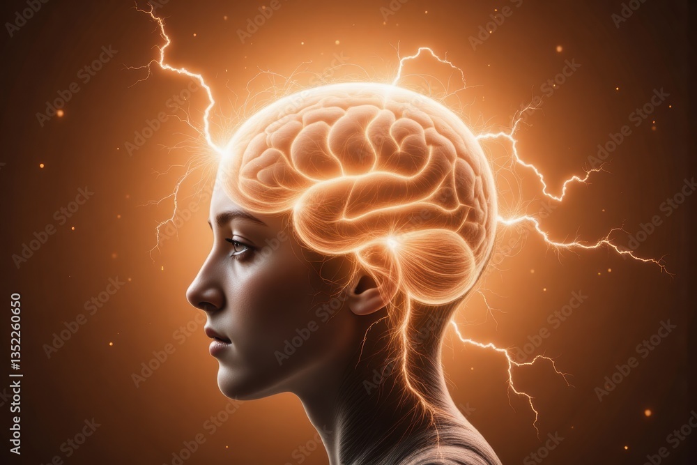 Obraz premium Brain Power: Woman with Glowing Brain and Lightning, Mental Energy, Focus, Intelligence, and Thought Process Concept