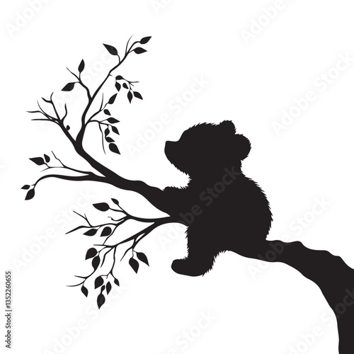 silhouette of a small clumsy bear sitting on a tree branch, side view, white background, black and white graphics, vector
