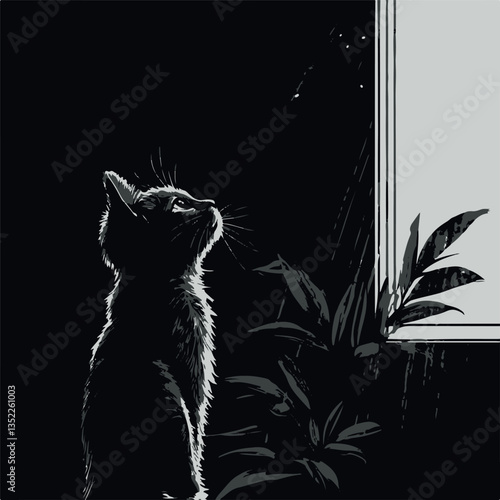 white silhouette of a small fluffy kitten sitting on the windowsill near a flowerpot, it’s raining outside the window, black background, black and white graphics, vector
