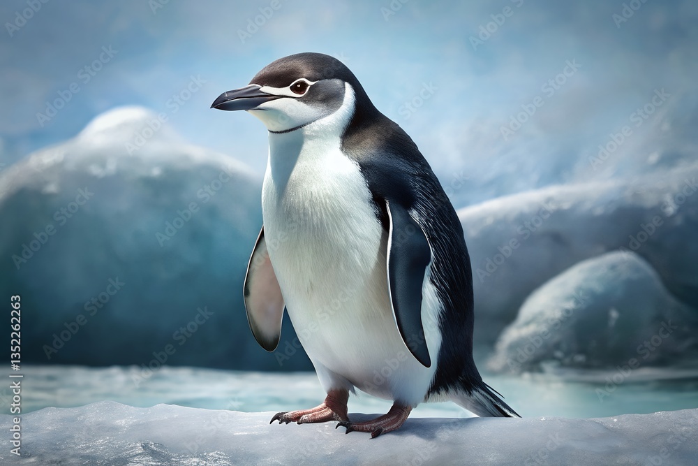 Fototapeta premium A lone Chinstrap penguin stands proudly amidst Antarctic icebergs, a symbol of resilience and the beauty of a pristine, cold environment with soft natural light and a blurred icy background.