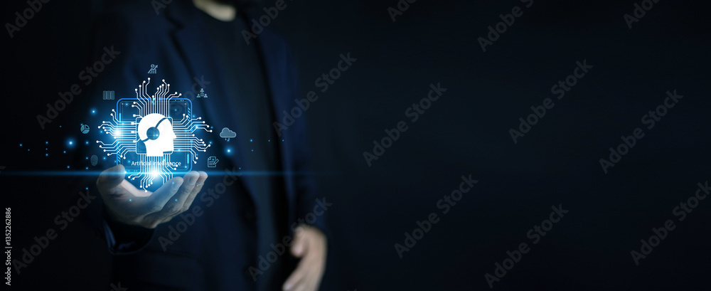 Business professional interacting with AI-powered holographic interface, analyzing real-time financial data and market trends, modern office environment, futuristic technology concept