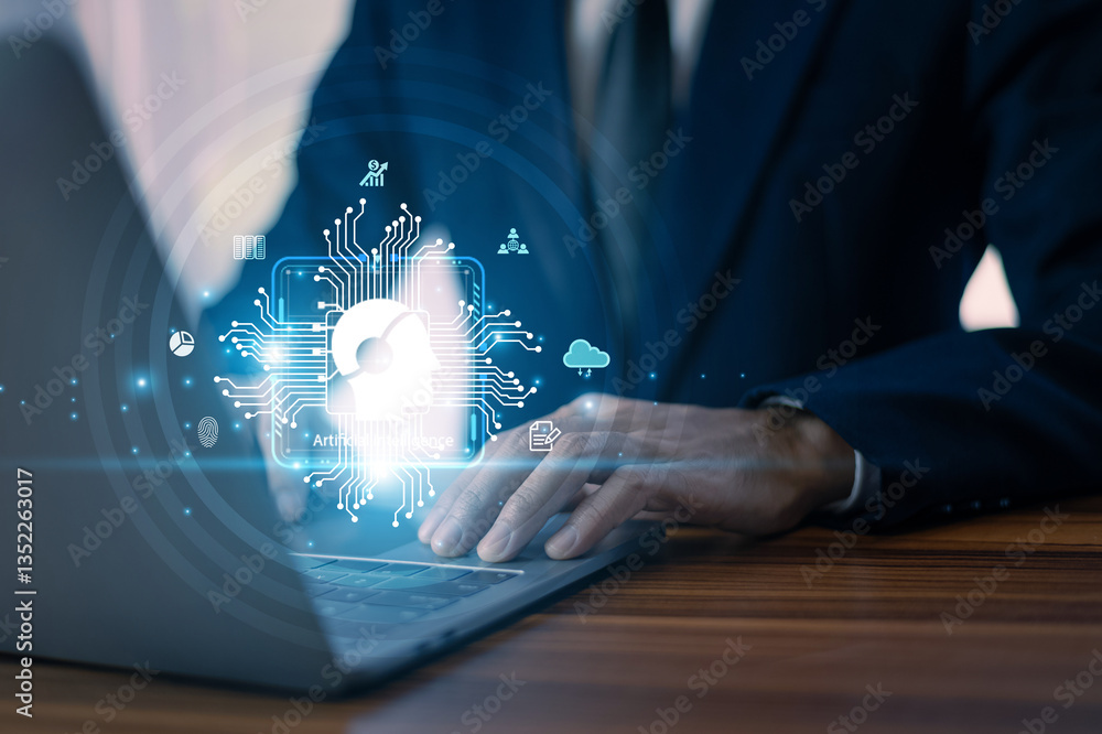 Businessman using AI-powered computer analyzing financial data and market trendsfuturistic digital interface modern office setting, innovation and technology concept emphasizing efficiency and success