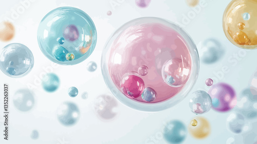 The image shows numerous translucent bubbles of varying sizes floating against a bright white background. The bubbles are predominantly pastel shades of pink, blue, yellow, and iridescent hues.