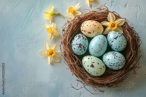 Colorful Decorative Eggs in a Nest Surrounded by Spring Flowers on a Pastel B...