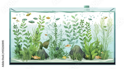 A digital image depicting a rectangular glass aquarium. The aquarium is filled with various types of aquatic plants of varying heights and shades of green, creating a dense, lush underwater scene.