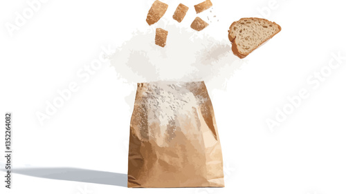 Close-up studio shot of a brown paper bag seemingly filled with flour.  Pieces of golden-brown artisan bread crumbs are levitating and floating above the bag against a bright white background. The