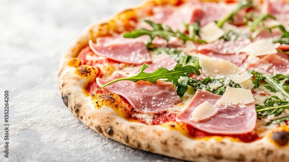 A gourmet pizza topped with thinly sliced Parma ham, fresh arugula, and shaved parmesan A gourmet pizza topped with thinly sliced Parma ham, fresh arugula, and shaved parmesan
