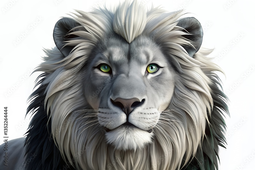 Fototapeta premium A majestic silver lion, eyes gleaming with ancient wisdom, commands attention with its luxurious, flowing mane against a stark white backdrop.