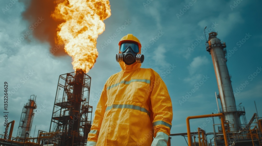 Obraz premium Worker in Protective Gear at Industrial Site with Gas Flame