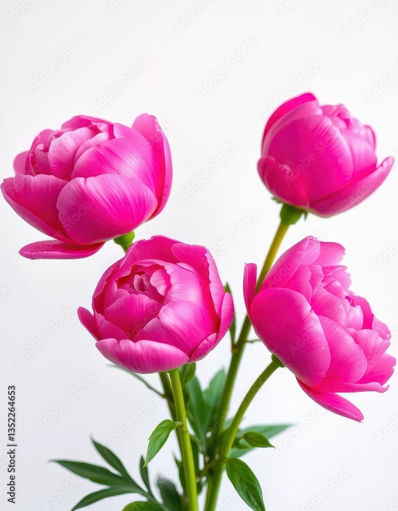 Three unopened peony rose buds, vibrant pink, pristine white background , pink, petals, stock photo Three unopened peony rose buds, vibrant pink, pristine white background , pink, petals, stock photo