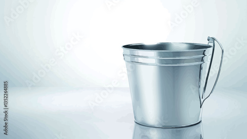 Close-up studio shot of a small, empty metallic bucket with a wire handle. The bucket is cylindrical with a slightly rolled top edge.  The metal appears smooth, reflective, and shows a slight