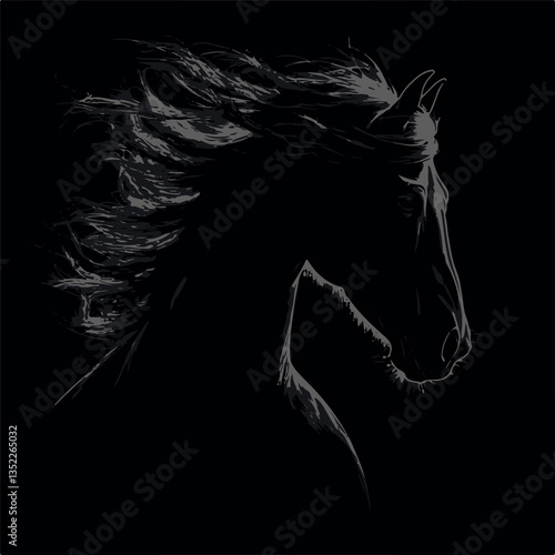 white outline of a horse's head on a black background, vector, graphics

