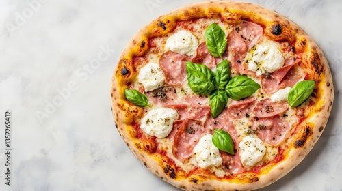 A top-down view of a Parma ham pizza with basil and fresh burrata