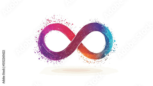 A stylized infinity symbol rendered in a vibrant, multicolored style. The symbol is depicted with a watercolor or paint-splash effect, showing a blend of pink, purple, orange, and blue hues.  The