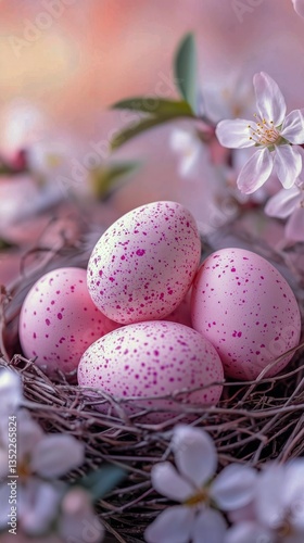 Delicate Pink Speckled Eggs Nestled in a Rustic Nest Surrounded by Spring Blo...