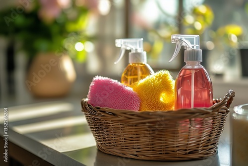 Cleaning Supplies in a Cozy Kitchen Setting With Sunlight Filtering Through t...